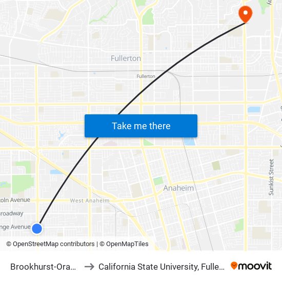 Brookhurst-Orange to California State University, Fullerton map