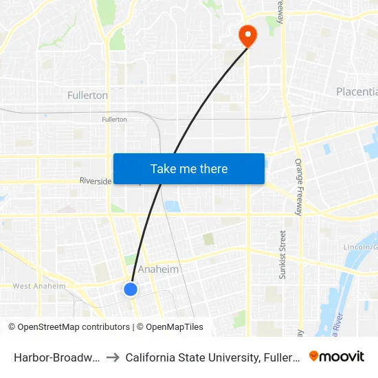 Harbor-Broadway to California State University, Fullerton map