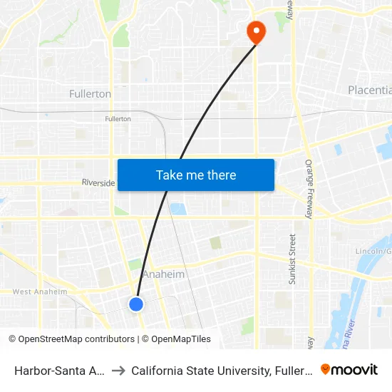 Harbor-Santa Ana to California State University, Fullerton map