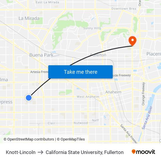 Knott-Lincoln to California State University, Fullerton map