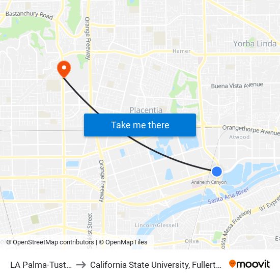 LA Palma-Tustin to California State University, Fullerton map