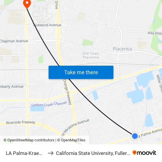 LA Palma-Kraemer to California State University, Fullerton map