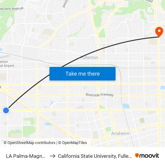 LA Palma-Magnolia to California State University, Fullerton map