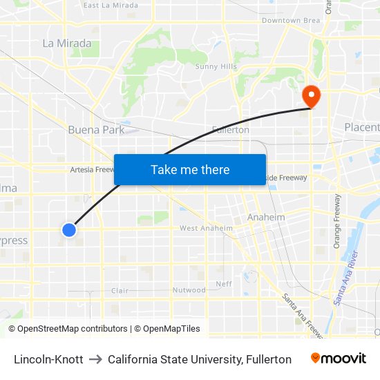 Lincoln-Knott to California State University, Fullerton map