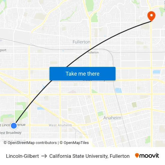 Lincoln-Gilbert to California State University, Fullerton map