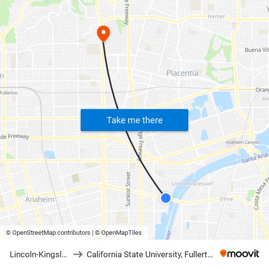 Lincoln-Kingsley to California State University, Fullerton map