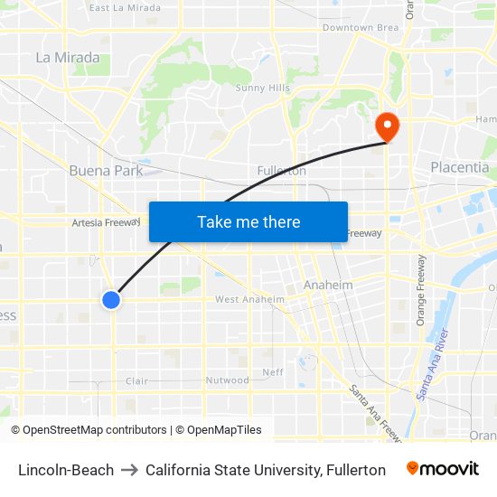 Lincoln-Beach to California State University, Fullerton map