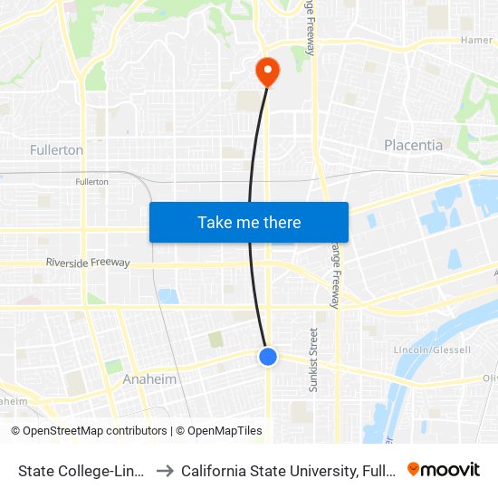 State College-Lincoln to California State University, Fullerton map