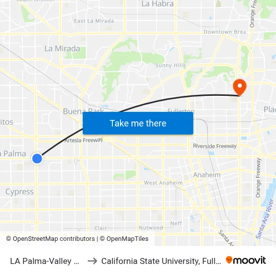 LA Palma-Valley View to California State University, Fullerton map