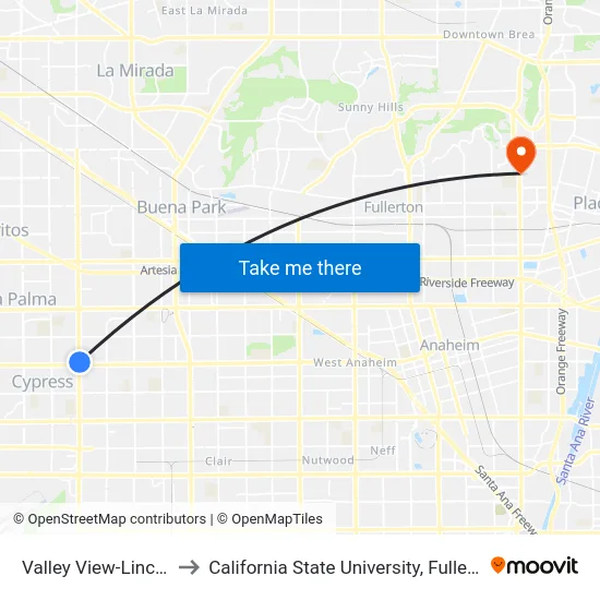 Valley View-Lincoln to California State University, Fullerton map