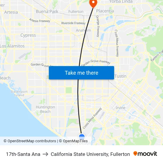 17th-Santa Ana to California State University, Fullerton map