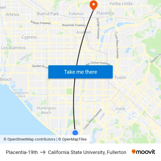 Placentia-19th to California State University, Fullerton map