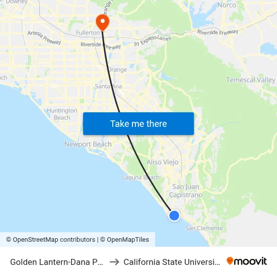 Golden Lantern-Dana Point Harbor to California State University, Fullerton map
