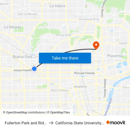 Fullerton Park and Ride Dock 5 to California State University, Fullerton map