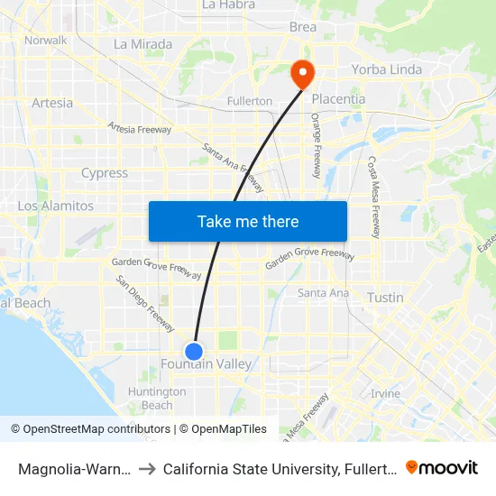 Magnolia-Warner to California State University, Fullerton map