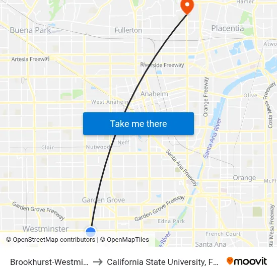 Brookhurst-Westminster to California State University, Fullerton map