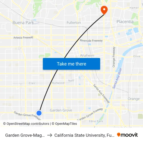 Garden Grove-Magnolia to California State University, Fullerton map
