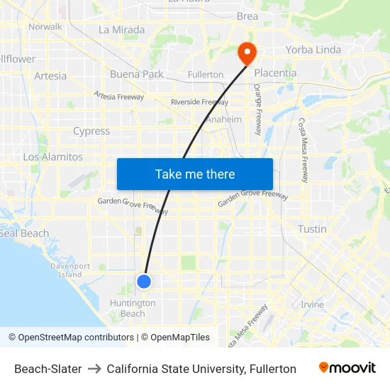 Beach-Slater to California State University, Fullerton map