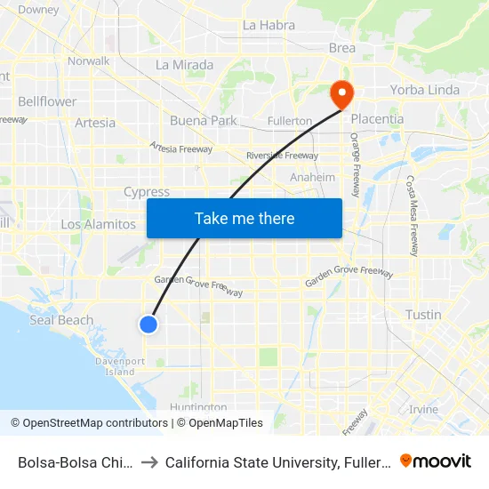 Bolsa-Bolsa Chica to California State University, Fullerton map