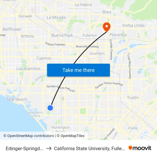 Edinger-Springdale to California State University, Fullerton map