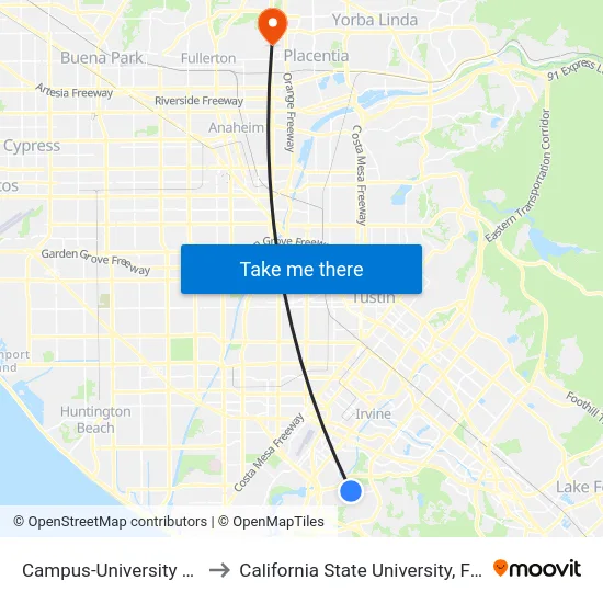 Campus-University Center to California State University, Fullerton map