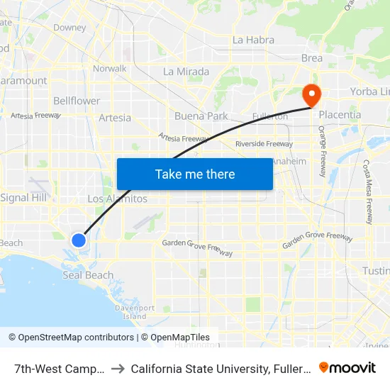 7th-West Campus to California State University, Fullerton map
