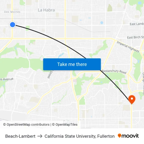 Beach-Lambert to California State University, Fullerton map