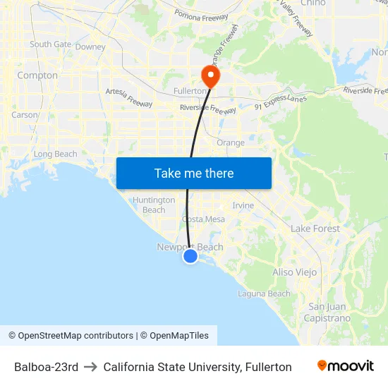 Balboa-23rd to California State University, Fullerton map