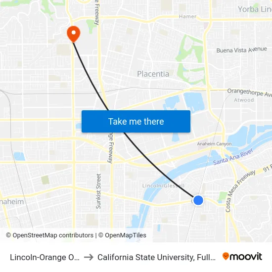 Lincoln-Orange Olive to California State University, Fullerton map
