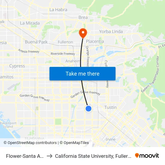 Flower-Santa Ana to California State University, Fullerton map