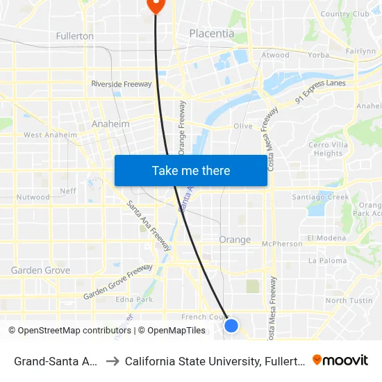 Grand-Santa Ana to California State University, Fullerton map