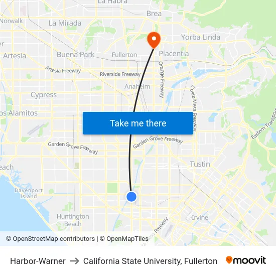 Harbor-Warner to California State University, Fullerton map
