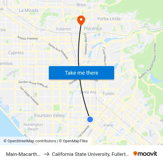 Main-Macarthur to California State University, Fullerton map
