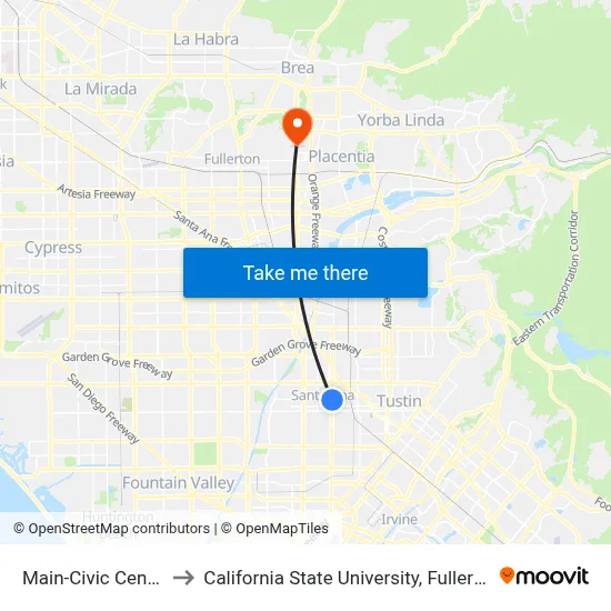 Main-Civic Center to California State University, Fullerton map