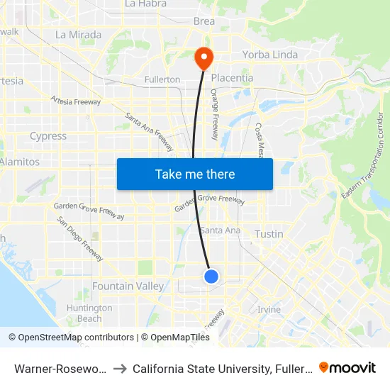 Warner-Rosewood to California State University, Fullerton map