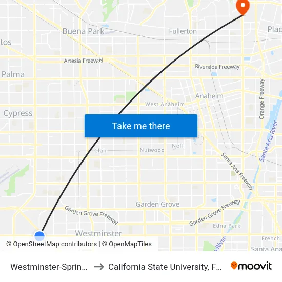 Westminster-Springdale to California State University, Fullerton map