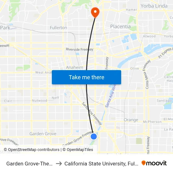Garden Grove-The City to California State University, Fullerton map