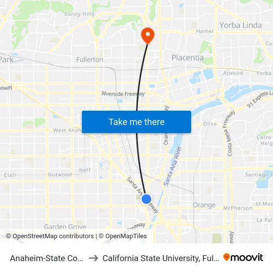 Anaheim-State College to California State University, Fullerton map