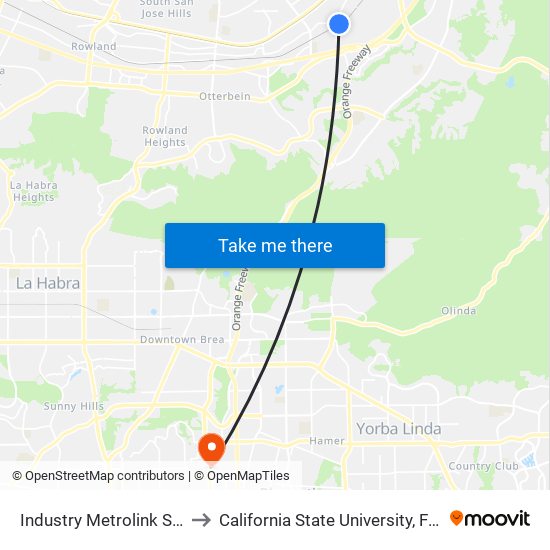 Industry Metrolink Station to California State University, Fullerton map