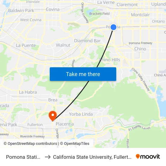 Pomona Station to California State University, Fullerton map