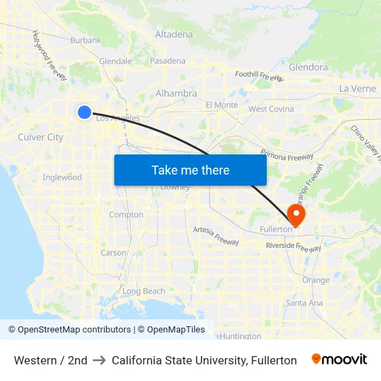 Western / 2nd to California State University, Fullerton map