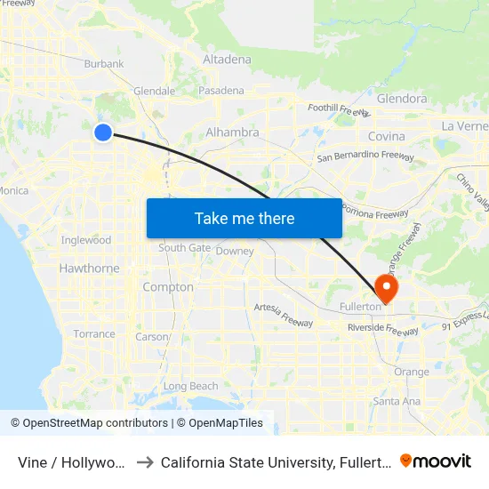 Vine / Hollywood to California State University, Fullerton map