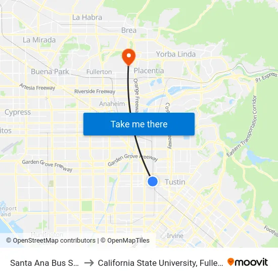 Santa Ana Bus Stop to California State University, Fullerton map