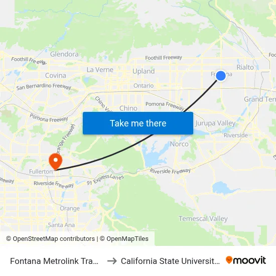 Fontana Metrolink Transit Center to California State University, Fullerton map