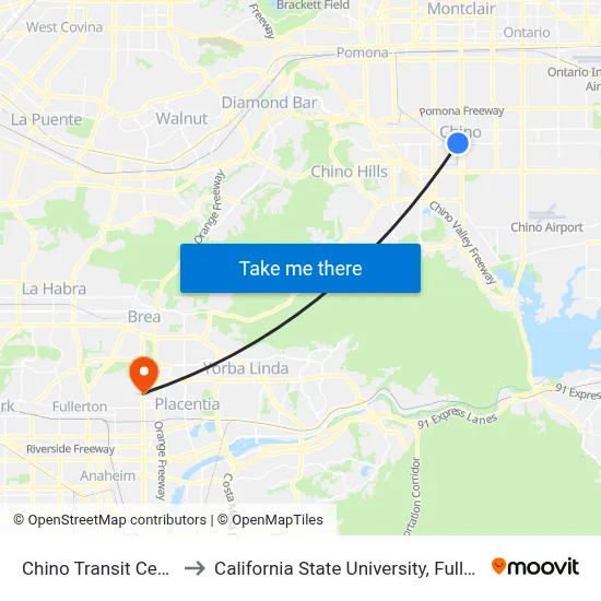 Chino Transit Center to California State University, Fullerton map