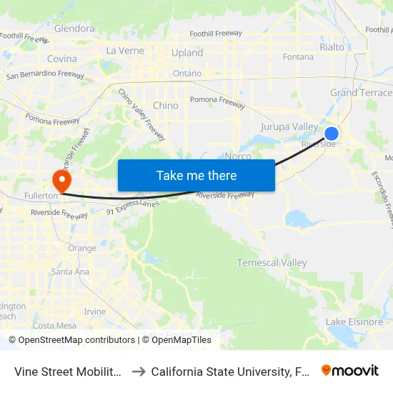 Vine Street Mobility Hub to California State University, Fullerton map