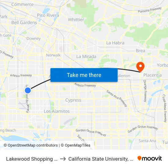Lakewood Shopping Center to California State University, Fullerton map