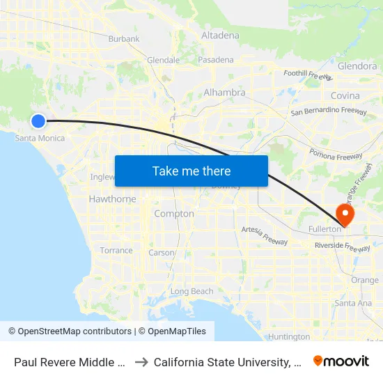 Paul Revere Middle School to California State University, Fullerton map