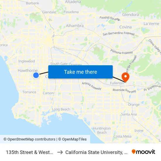 135th Street & Western Ave to California State University, Fullerton map