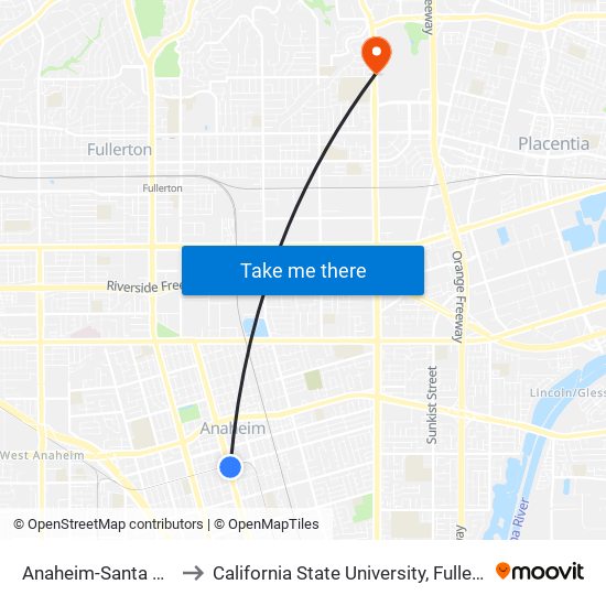 Anaheim-Santa Ana to California State University, Fullerton map